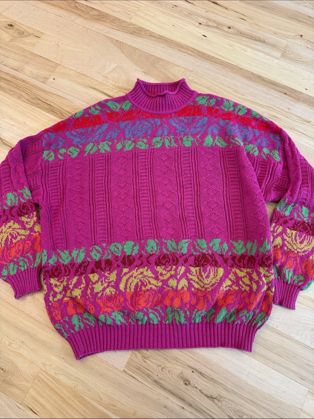 Rare BENETTON Vintage Roll Neck 100% Cotton Floral Sweater